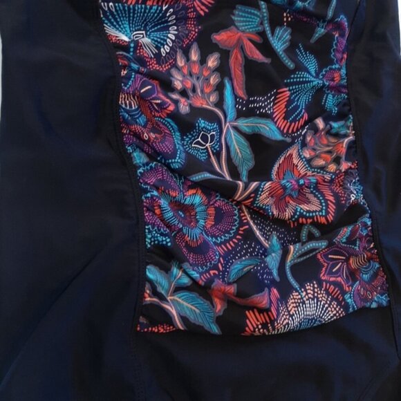 KRISTA One Piece Swimsuit Tropical Floral Panel Solid Black Tummy Control Modest - Picture 6 of 12